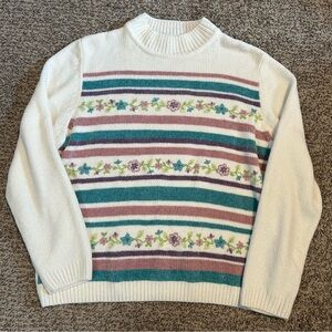 Alfred Dunner XL white stripes and floral embroidered sweater